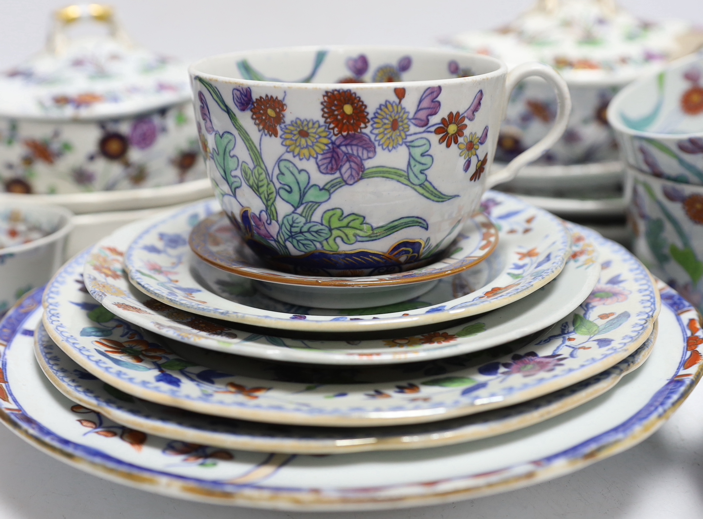 A collection of Spode Ironstone and pottery blue tea and dinnerware, including a pair of oval boat shaped sauce tureens and covers and a pair of shell shaped dessert dishes